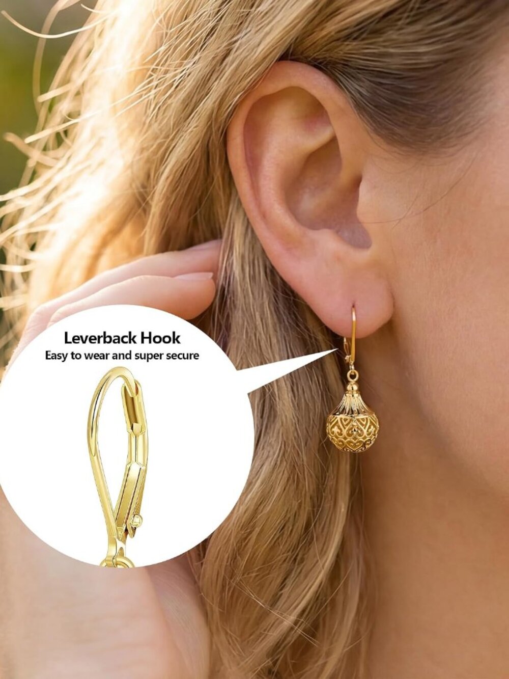 Women's Filigree Gold Silver Earrings with Hypoallergenic Leverback Texture | 14 - Picture 4 of 7